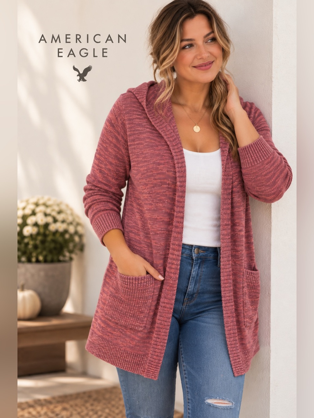 American Eagle Outfitters XL Mauve Hooded Long Cardigan Sweater